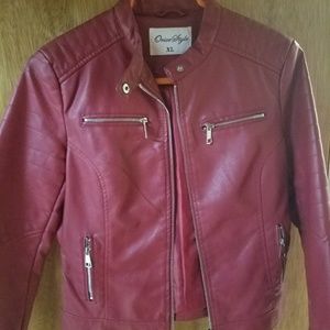 Red faux leather motorcycle jacket